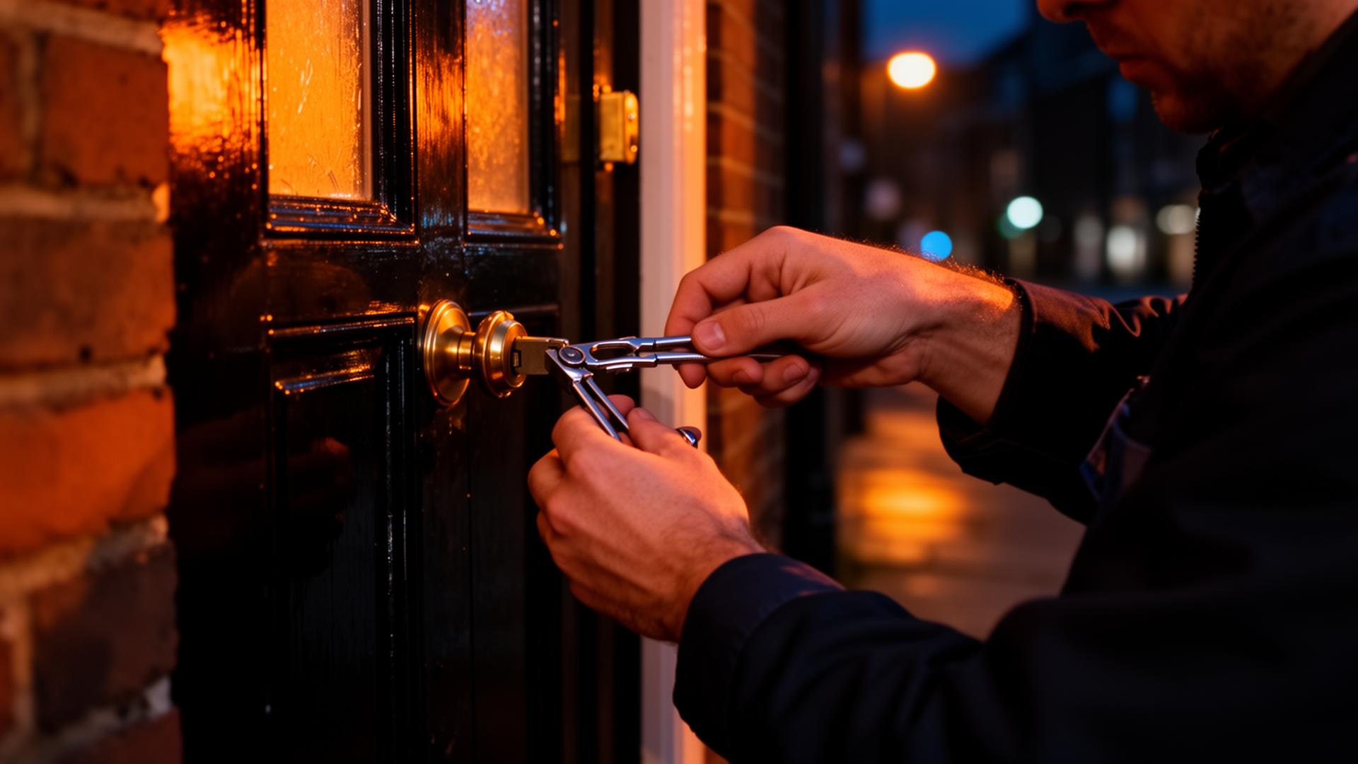 Professional locksmith working on a door lock in Manchester